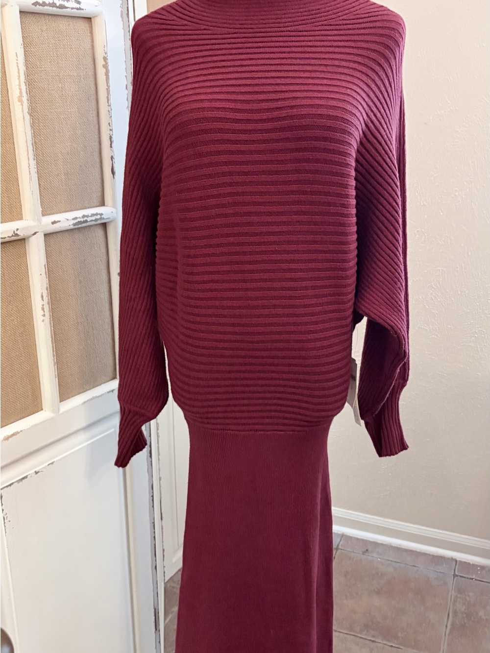 Anthropologie Mock Neck Ribbed Knit Slouchy Pullover Burgundy M NWT